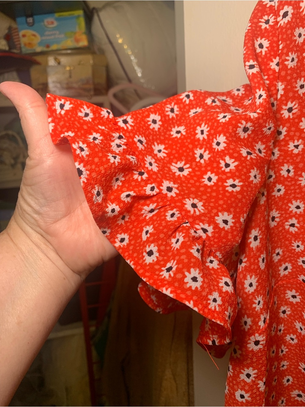 CeCe Coral Red Daisy-Print Button Front Blouse - Picture 2 of 4